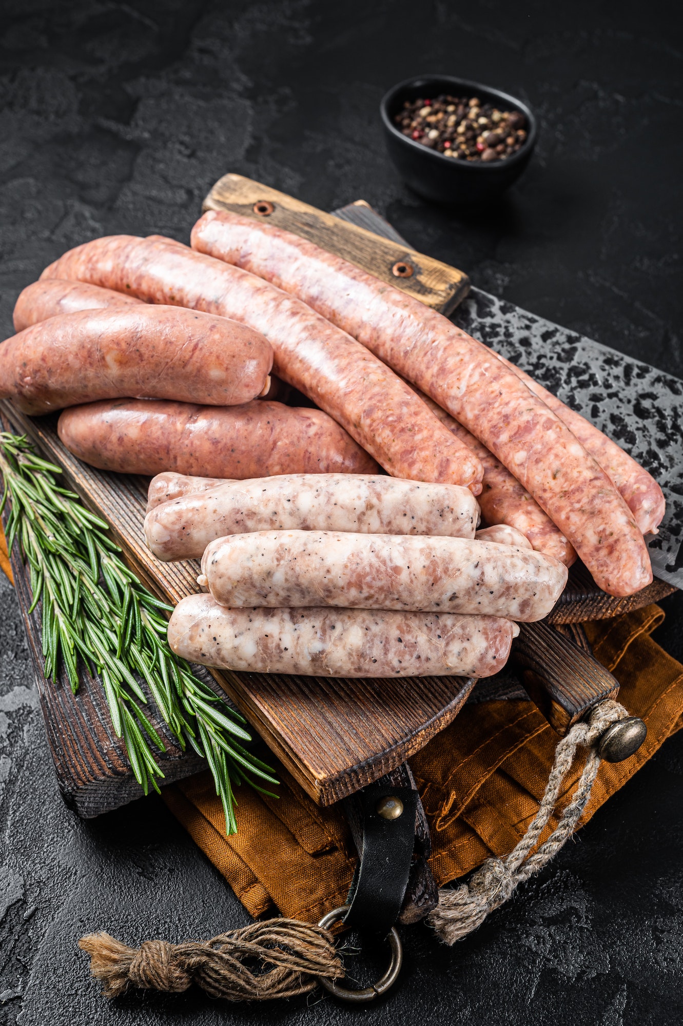 Mix fresh raw sausages. Beef, pork, lamb and chicken mince meat sausages